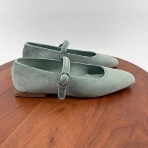 Zara Sage Green Velvet Mary Jane‎ Square Toe Ballet Flats Buckle Strap Size 38